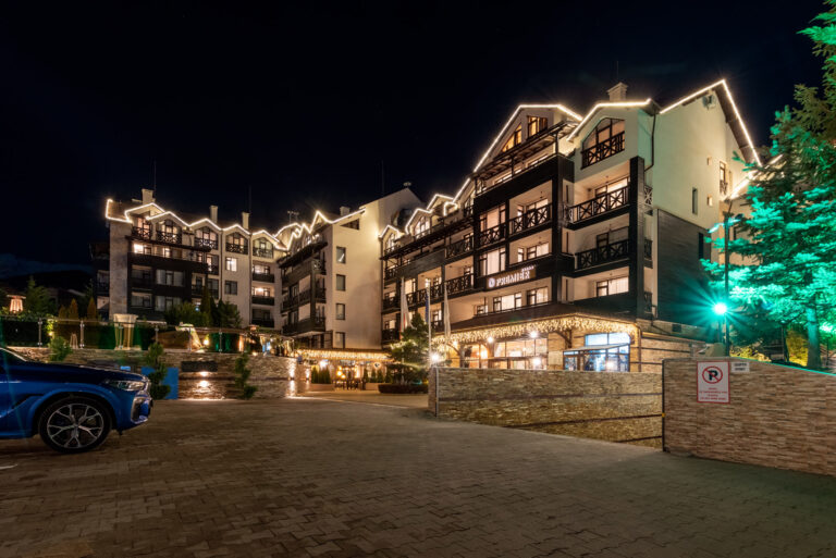 Hotel exterior at night at Premier Luxury Mountain Resort, Bansko