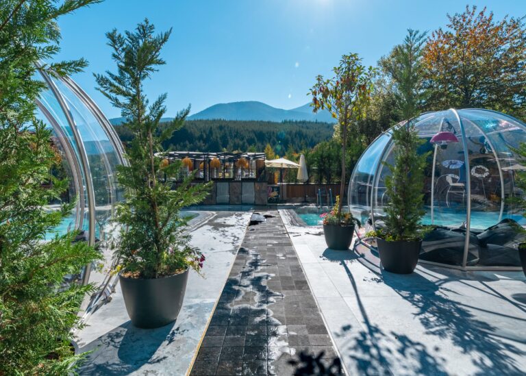 Transparent igloo among potted trees on the pool terrace at Premier Luxury Mountain Resort, Bansko