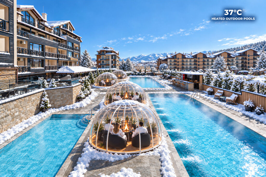 Heated outdoor pool with glass igloos in winter at Premier Luxury Mountain Resort, Bansko