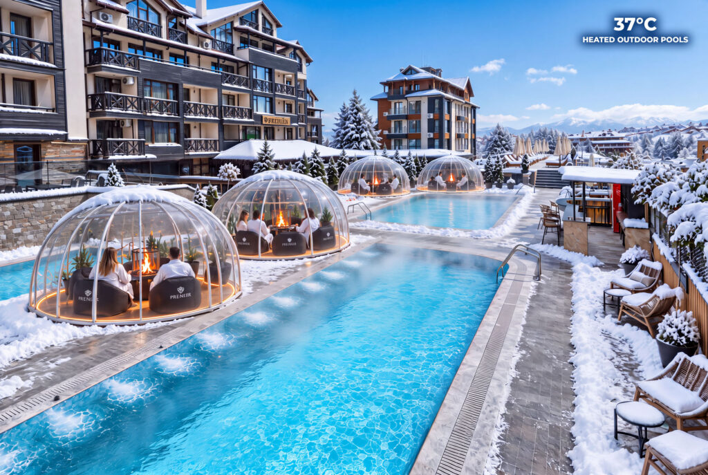 Heated outdoor pool with glass igloos in winter at Premier Luxury Mountain Resort, Bansko