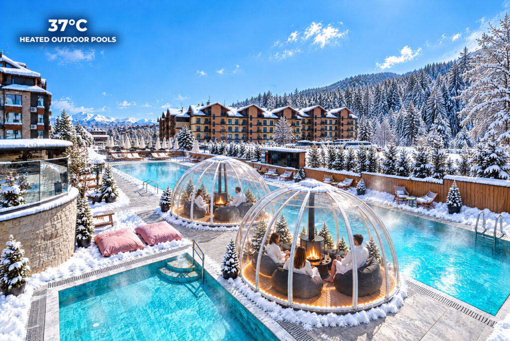 Heated outdoor pool with glass igloos in winter at Premier Luxury Mountain Resort, Bansko