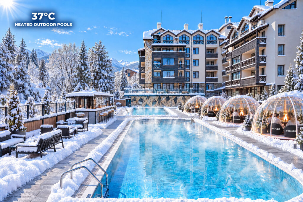 Heated outdoor pool with glass igloos in winter at Premier Luxury Mountain Resort, Bansko