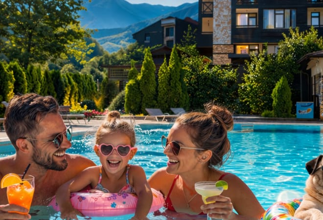 Family enjoying the outdoor pool in summer at Premier Luxury Mountain Resort