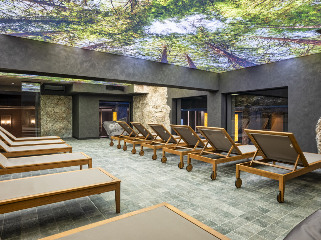 Spa relaxation zone with loungers at Premier Luxury Mountain Resort, Bansko